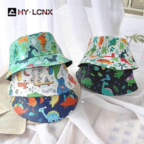 Spring Baby Fashion Cotton Lightweight Flat Top Sun Bucket Hat Boy Girl Outdoor Sports Beach Dinosaur Print Fisherman Hat