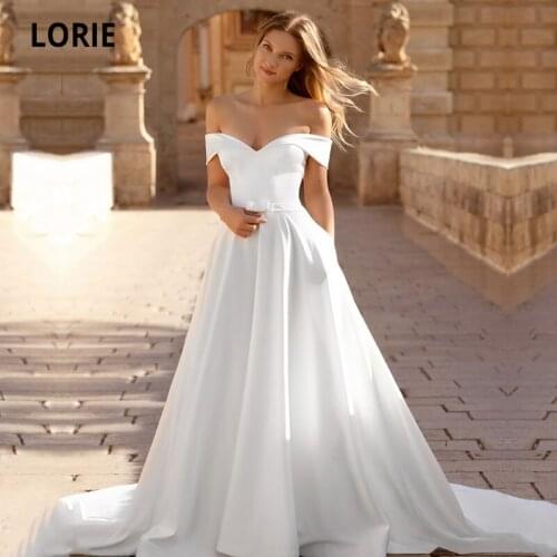 LORIE Elegant Wedding Dresses Boho Off Shoulder A-Line Buttons Back Simple Beach Wedding Gown with Pockets suknia ślubna