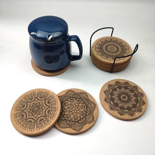 Nordic Mandala Pattern Round Cork Coasters with Holder Stand Rack Wooden Drinks Absorbent Mat Glass Cup Mug Pad Decor