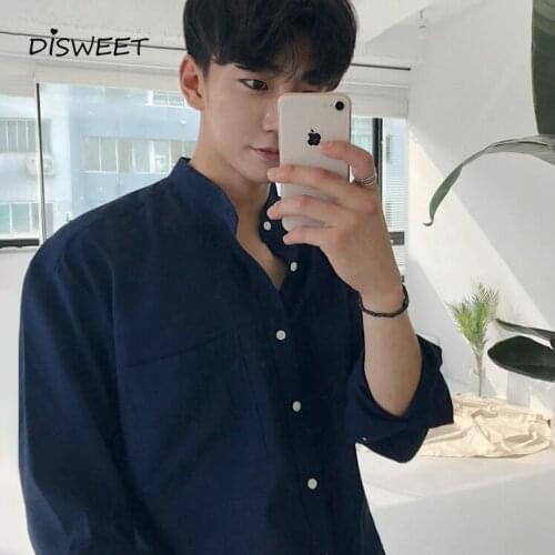 Simple Solid Lapel Loose Shirt Men Korean Long-sleeved Single-breasted Slim Mens Shirt 2020