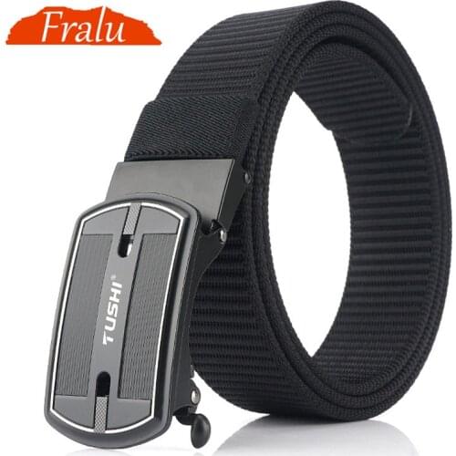 FRALU Official Product Fashion Nylon Men Belt Alloy Automatic Buckle Casual Canvas Trousers Belt Tank Pattern New Designer Belts