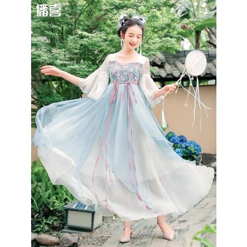 TIYIHAILEY Free Shipping 2021 New Boshow Summer High Waist Print Long Maxi S-L Flower Chiffon Ruffles Dress Blue Chinese Style