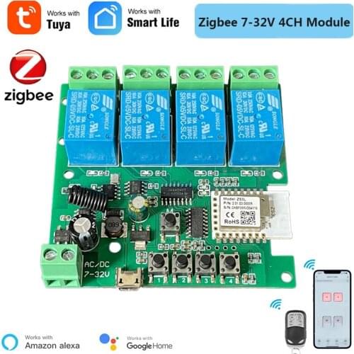 4CH Zigbee Smart Light Switch Module DC 5/12/32V RF433 Receive 10A Relays Work With Alexa Google Assistant Tuya Smart Life