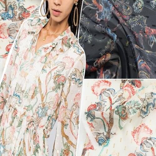 Spring/summer new products European show high-definition French brand hand-painted tree, rattan, flower, gold silk blended chiff