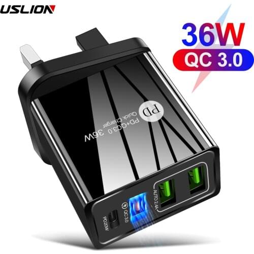 USLION 36W 4 Port Type C Quick Charge 3.0 EU UK US USB C Charger Fast Charging PD Mobile Phone Charger For iphone Samsung Xiaomi