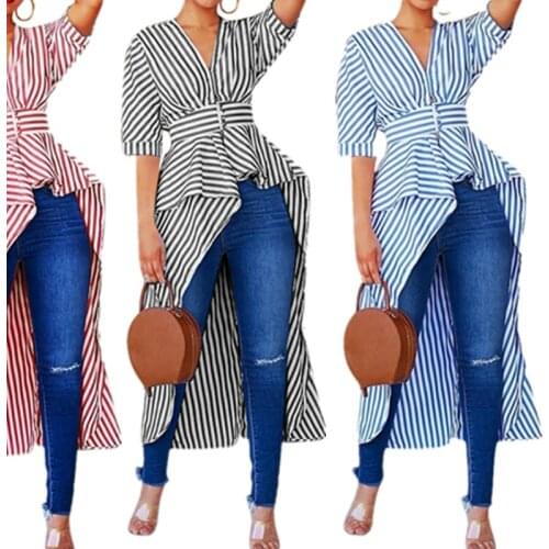 Autumn New Women Fashion Shirts V-neck Half Sleeve Striped Irregular Long Blouse Ruffles Peplum Tops Chemise Blusa Plus Size