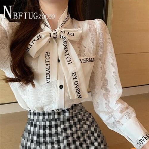 2021 New Korean Alphabet Printed Bowknot Women Blouse Fashion Long Sleeve Female Blouses
