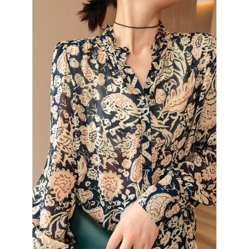 100% Silk Shirt Blouse Women Fashion Summer Niche Collar Spring Summer Silk Shirt Blouse