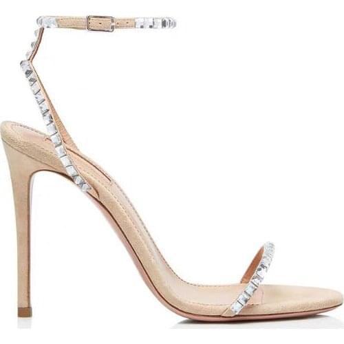 Moraima Snc Crystal Embellished High heel Shoes Sexy Open Toe Ankle Strap Woman Sandal Nude Suede Rhinestones Party Dress Sandal