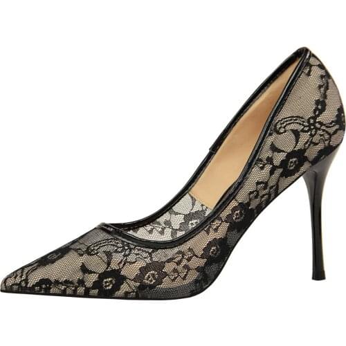 2018 spring autumn lace rhinestone beaded ladies pointed high heels female fine with shallow mouth leather single shoes women