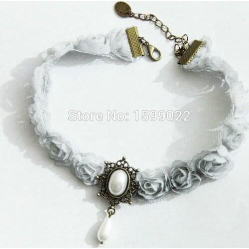 Lolita Female Necklace Grey Rose Flower Lace Royal Court Costume Choker Teen Girls Princess Cocktail Party Accessories