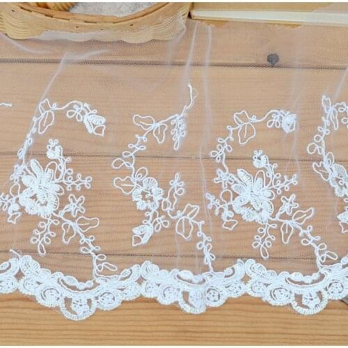 2 Meters Width 18cm White Mesh Gauze Embroidery Exquisite Lace Fabric DIY Ladies Wedding Kids Clothing Home Textile Lace Trim
