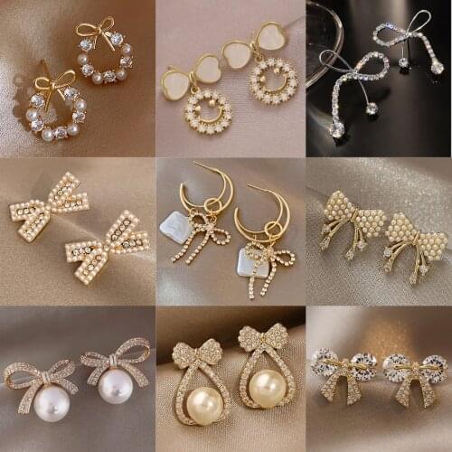 2021 Chic Imitation Pearl Bowknot Earrings for Women Cute Korean Jewelry Elegant Rhinestone Butterfly Party Accessories Gifts