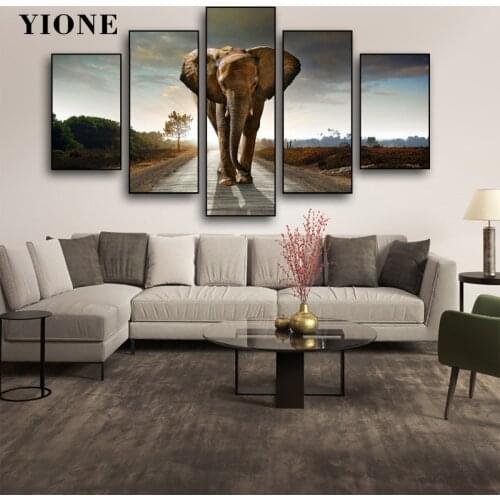 5 Panel Modern Animal Elephant Canvas Paintings Set Outdoor Road African Landscape Art Pictures for Room Wall Posters and Prints