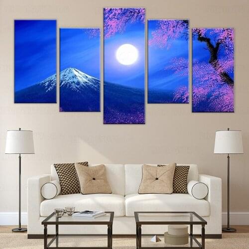 Hd print 5 piece MOUNT FUJI CHERRY BLOSSOM LANDSCAPE 5 PIECE CANVAS painting wall art home room decor frame