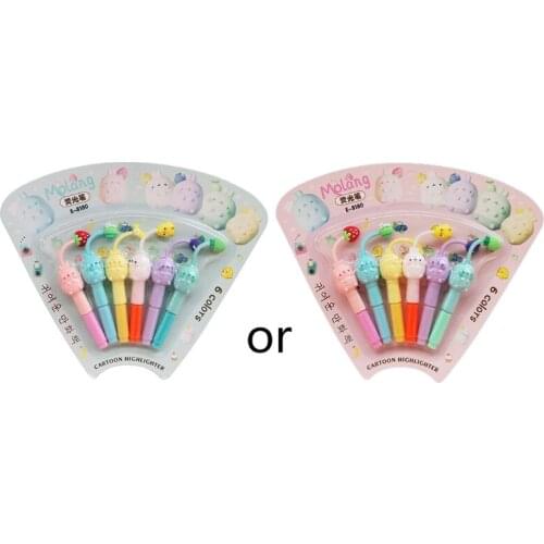 6pcs Cute Mini Highlighter Pen Kawaii Cartoon Bunny Fluorescent Marker Pens School Office Stationery Supplies