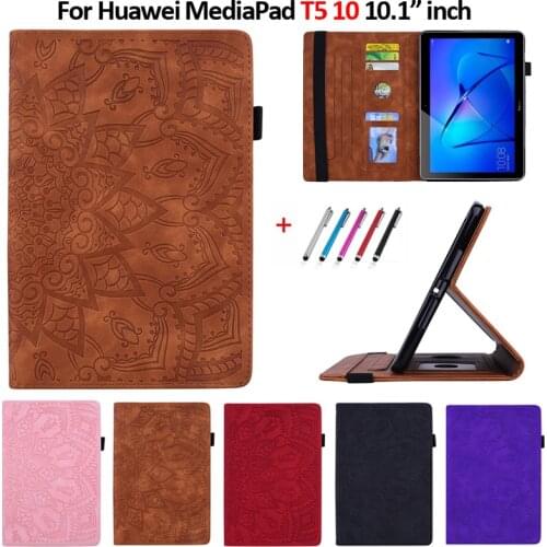Case For Huawei Mediapad T5 10 Case 10.1" Embossed PU Leather Stand Wallet Tablet Cover For Huawei T5 10 Case Coque Funda + Gift