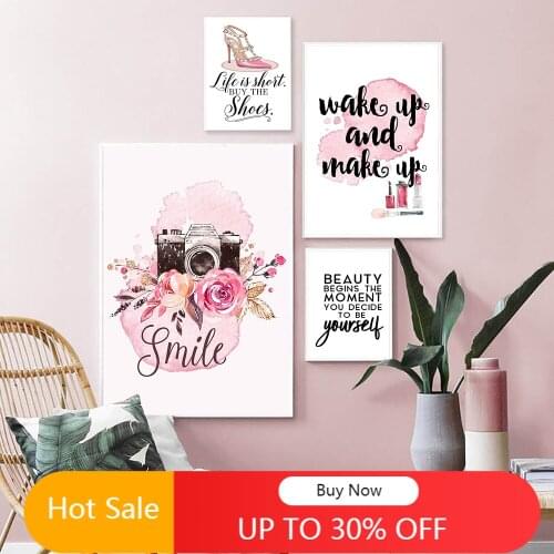 WTQ Flower Camera Fashion Posters Pink Makeup Shoes Prints Wall Art Canvas Painting Pictures Beauty Girl Room Home Decoration