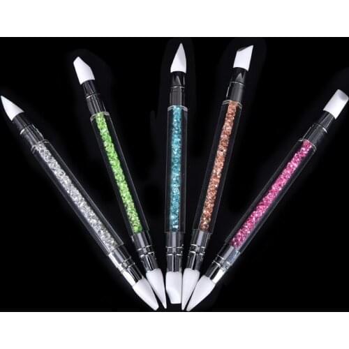 2 Ways Dual Silicone Heads Rhinestone Nail Art Brush Carving Emboss Shaping Hollow Sculpture Dotting Pen Manicure Tool
