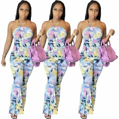 Tie Dye Printing Open Back Tight Sling Big Horn Long Slim Fit Jumpsuit Womens Jumpsuit Fashion Temperament Street Nightwear