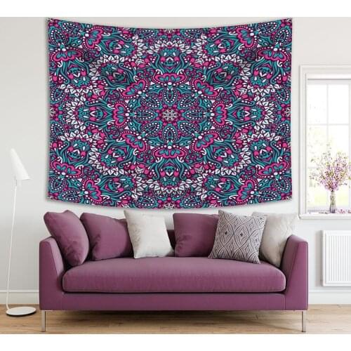 Tapestry mandala Vintage Fabric Design Style Doodle Art Flower Pattern Teal Fuchsia Blue Colorful Decorating