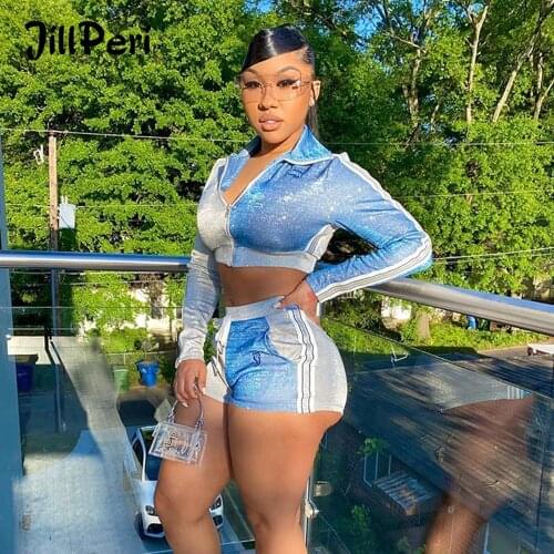 JillPeri Patchwork Long Sleeve Crop Top and Shorts Sets Sparkle Daily Outfit Lounge Wear Glitter Sexy 2 Piece Set tracksuit