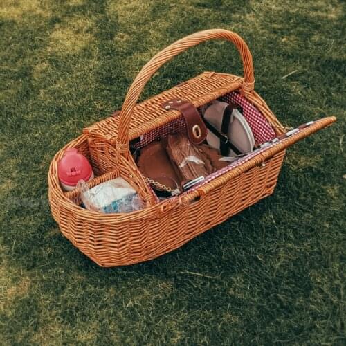 Rattan Picnic Basket Spring Basket with Tableware Storage Basket Woven Picnic Outdoor Fruit Basket Camping Storage Box Full Set