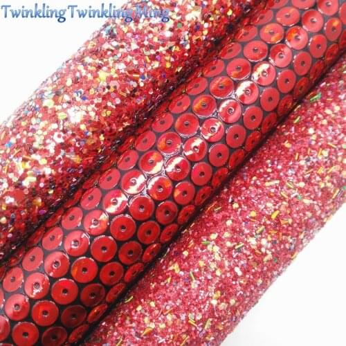 RED Glitter Fabric, Chunky Glitter Leather Fabric, Iridescent Faux Leather Fabric For DIY Bows 8"x11" Twinkling Ming XM084