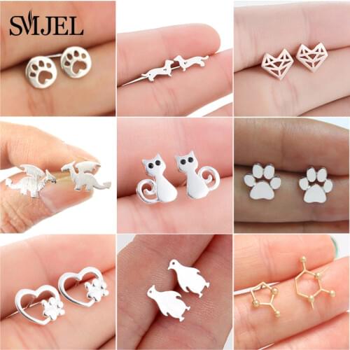 Trendy Dog Paw Earring for Women Small Fashion Earings Jewelry Penguin Bird Cat Fox Heart Stud Earring Ear Piercing Girl Brincos