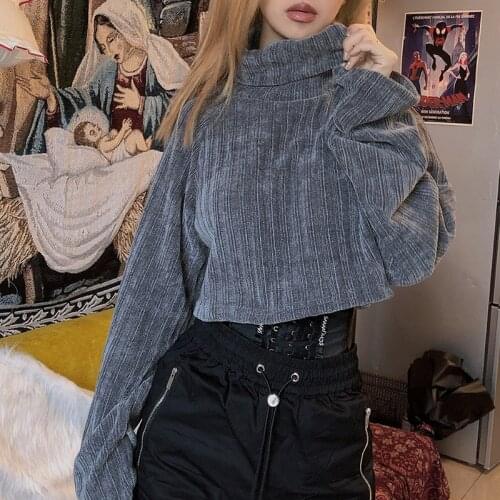 JIEZuoFang Fashion Sexy Gray See Through Mock Neck Long Sleeve Solid Autumn Women Casual Female Streetwear Top Tees
