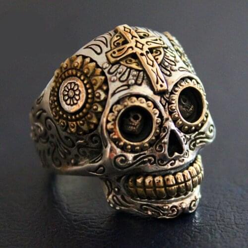 Sterling Silver Biker Sugar Skull Rings For Men 19g Solid Handcrafted Silver 925 Chunky Mens Ring Gothic Wide Band Male Jewelry
