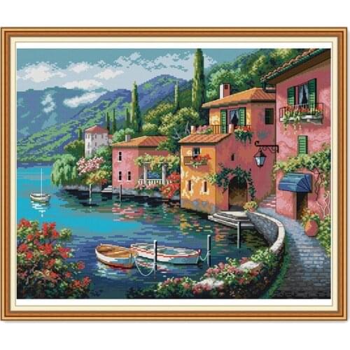 Colorful house by the water cross stitch kit silk 18ct 14ct 11ct white fabric cotton thread embroidery DIY handmade needlework