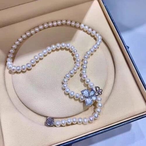 Natural 8-9mm white Pearl Necklace 925 silver micro inlay zircon Butterfly clip clasp diy accessory jewelry