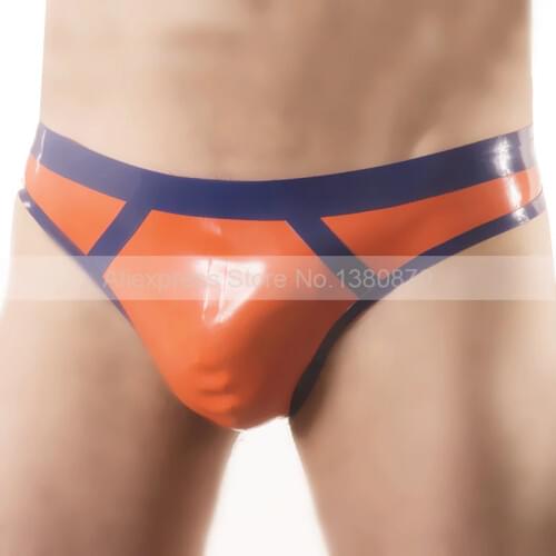 Sexy Rubber Male Latex Thongs T-back Briefs Man Shorts Orange and Dark Blue Trims Supply Plus Size Customized S-LPM050