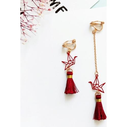 Romantic Rope Style Chain Earrings Without No Piercing Wine Paper Crane Long Tassels Clip Earrings Non Pierced Ear Hole