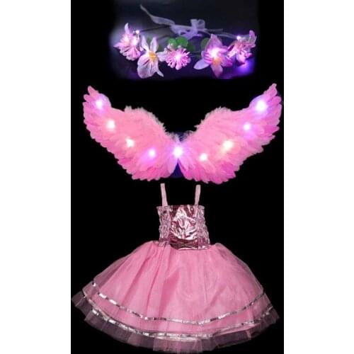 LED Glowing Light Feather Angel Wings Kids Girl Flower Girls Dress Party Cosplay Costume Masquerade Carnival Festival Dresses