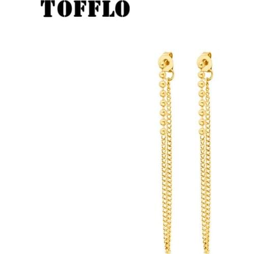TOFFLO Stainless Steel Jewelry Long Gold Beads Twist Link Chain Earrings Fashion Ear Line For Female BSF298