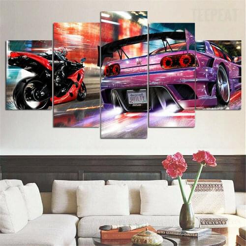 Bike Vs Car Race Neon Motorcycle 5 Pcs Canvas Picture Print Wall Art Canvas Painting Wall Decor for Living Room Poster No Framed