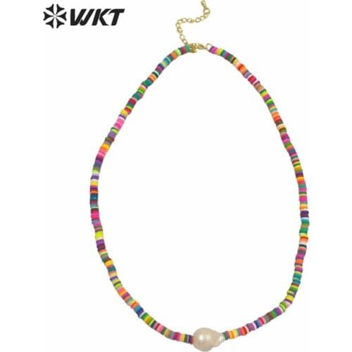 WT-JN131 WKT 4mm colorful resin beads strand necklace with pearl charm 16 inch pearl baroque spacer necklace in boho style