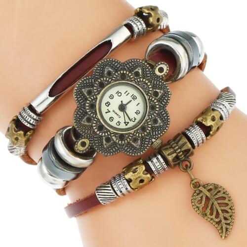 Gnova Platinum Genuine Leather Bracelet Women Watch Leaf Charm Vintage Wristwatch Girls Dress Watch Christian Jewelry