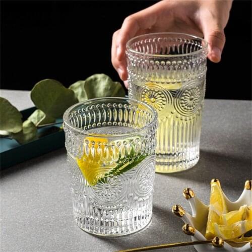 1PC Glass Water Cup Phnom Penh Embossed Juice Mug Whiskey Cup Coffee Milk Cup Pint Cup Kitchen Water Cup Oatmeal Cup Drinkware