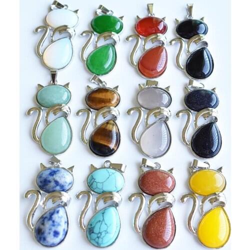 2020 new Fashion High Quality Assort natural stone mix cat shape pendants for jewelry making 12pcs/lot Wholesale free shipping