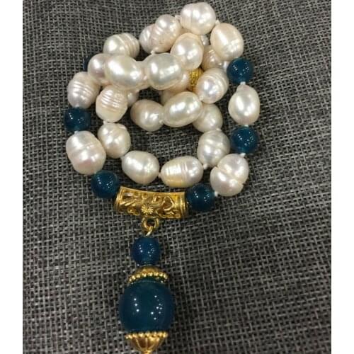 10-11mm White Freshwater Cultured Rice Pearl & 14mm Apatite Pendant Necklace 18"