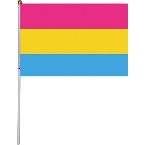 Free shipping xvggdg 100pcs 14 * 21cm Custom Hand Flag Pansexual Pride Fabric Flags with Plastic Hand Held