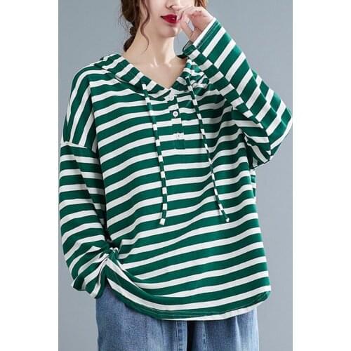 Black Green Women Hoodies Long Sleeve Casual 2021 Autumn Simple Striped Pullover Loose Female Cotton Hooded Tops Sweatshirts