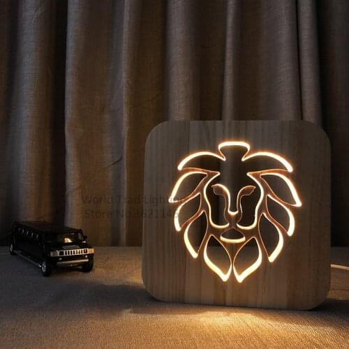 3D Wooden Lion Lamp Animal Style USB LED Table Light luz Switch Control bebe noche Wood Carving Lamp for Children bedroom Decor