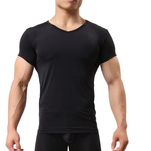 Mens Sexy Underwear Shirts O-neck Short Sleeve Basic T-shirts Slim Fitness Tops Casual Homewear Sheer Top Undershirts Sleepwear