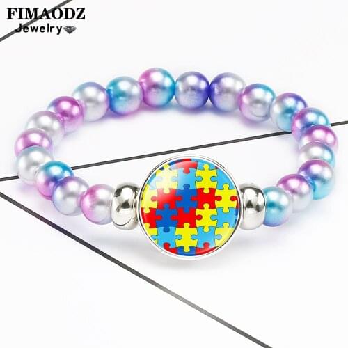 FIMAODZ Rainbow Puzzle Beads Bracelet Autism Awareness Autism Mom Glass Time Gem Charm Bracelets For Women Girls Boys Jewelry