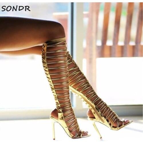 Fashion Women Gold Lace Up Gladiator Sandals Rope Cutouts Peep Toe Knee High Boots Summer High Heels Cross-tied Party Long Boots