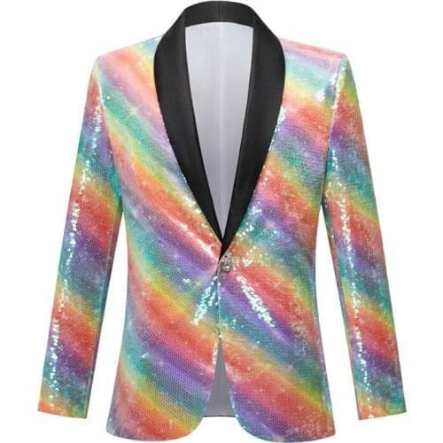 Mens Multi-color Stripes Blazer Evening Party Concert Male Singer Host Emcee Slim Sequins Suit Coat Stage Performance Costume